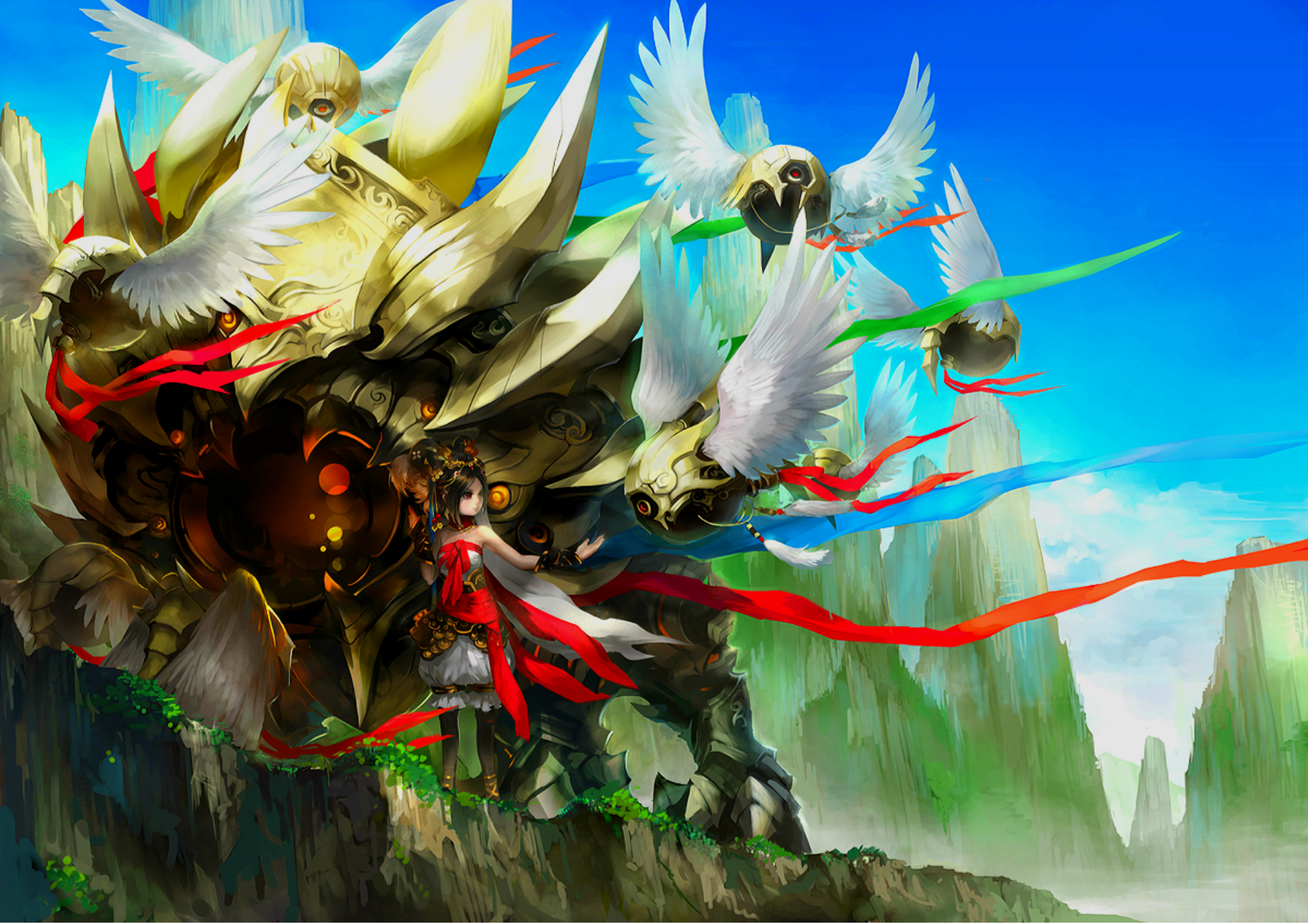 HD anime-style Zoids wallpaper depicting a mechanical creature with glowing red eyes amidst flying white birds and vibrant mountainous scenery under a bright blue sky.