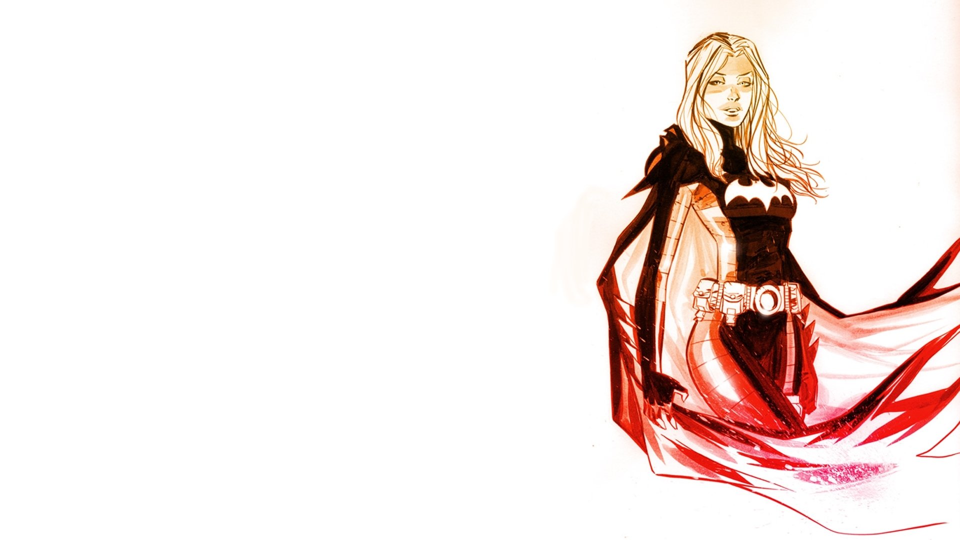 HD PC desktop wallpaper featuring a dynamic comic-style illustration of Batgirl with flowing cape on a clean white background.