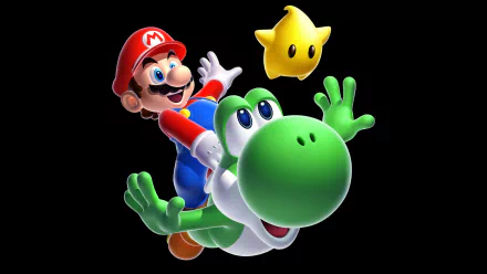 HD PC desktop wallpaper featuring Mario riding Yoshi and a Luma star from the video game Super Mario Galaxy 2 against a black background.