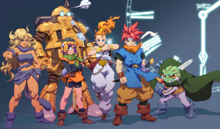 A vibrant HD wallpaper featuring iconic characters from the video game Chrono Trigger, standing together against a dynamic background with clockwork elements.