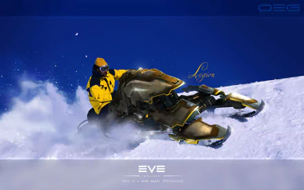 Video game EVE Online HD PC desktop wallpaper: yellow-armored pilot on a sleek futuristic hoverbike racing across a snowy slope beneath a deep blue sky.