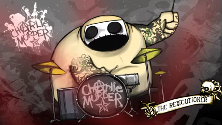 HD PC desktop wallpaper featuring a stylized character playing drums, with Charlie Murder logo and tattoo art from the video game Charlie Murder.