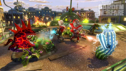 A vibrant HD desktop wallpaper of Plants vs. Zombies: Garden Warfare featuring a Cactus, a Chomper, and an All-Star Zombie in an intense battle scene.
