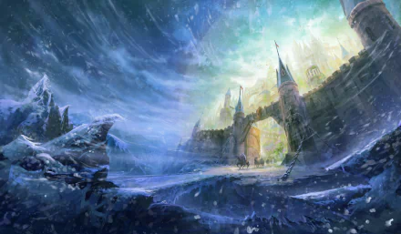 Fantasy HD desktop wallpaper featuring a majestic castle amidst a wintry landscape with swirling snow and dramatic skies.