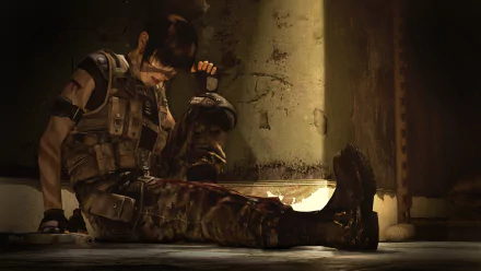 HD PC desktop wallpaper from the video game Beyond: Two Souls, depicting a character in tactical gear sitting against a wall in a dimly lit, worn environment.