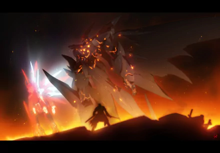 HD PC desktop wallpaper showcasing a dramatic scene from the video game Xenogears with a character facing a towering, glowing mechanical enemy.