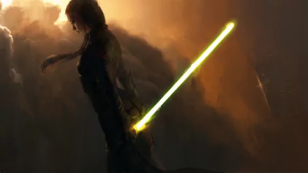 HD wallpaper of a female warrior wielding a lightsaber in a Sci-Fi city shrouded in clouds.