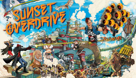 HD PC desktop wallpaper/background of the video game Sunset Overdrive: vibrant comic-style city at sunset, graffiti logo, parkour protagonist leaping amid chaotic enemies and neon signs.