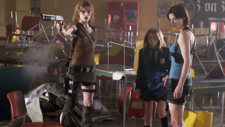 HD PC desktop wallpaper featuring Sienna Guillory and Milla Jovovich in a scene from the movie Resident Evil: Apocalypse.