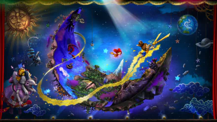 HD PC desktop wallpaper featuring a vibrant, fantastical scene from the video game Puppeteer, with whimsical characters and dynamic, colorful elements under a starry sky.