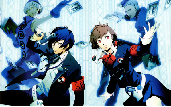 4K Ultra HD PC desktop wallpaper featuring dynamic characters from the video game Persona 3 Portable showcasing their unique styles and powers.
