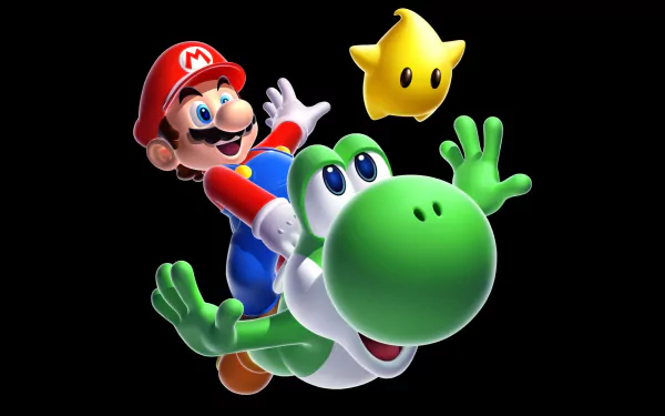 HD PC desktop wallpaper featuring Mario riding Yoshi and a Luma star from the video game Super Mario Galaxy 2 against a black background.