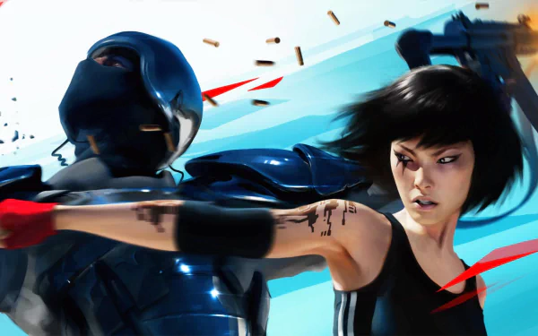 HD PC desktop wallpaper featuring intense action from the video game Mirror's Edge, showing the protagonist fighting an armored opponent with dynamic motion and vibrant colors.