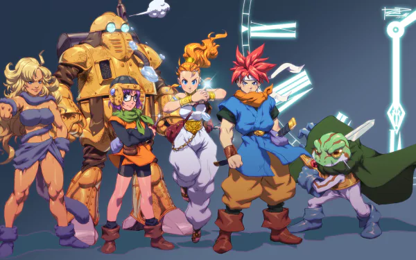 A vibrant HD wallpaper featuring iconic characters from the video game Chrono Trigger, standing together against a dynamic background with clockwork elements.