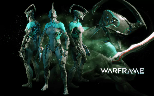 HD PC desktop wallpaper featuring three Warframe characters in dynamic poses with a dark, smoky background and the Warframe logo.