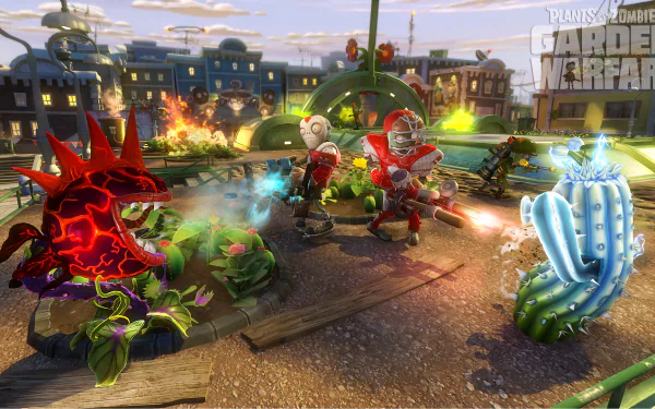 A vibrant HD desktop wallpaper of Plants vs. Zombies: Garden Warfare featuring a Cactus, a Chomper, and an All-Star Zombie in an intense battle scene.