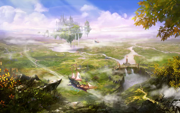 HD fantasy landscape wallpaper featuring a magical realm with floating islands, a castle, vibrant meadows, and a river with boats.