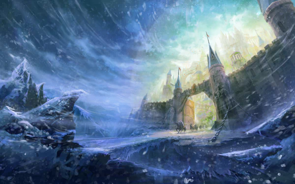 Fantasy HD desktop wallpaper featuring a majestic castle amidst a wintry landscape with swirling snow and dramatic skies.