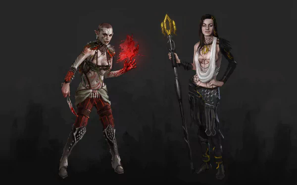 HD desktop wallpaper featuring a crossover of Miranda Lawson and Jack from Mass Effect as Dragon Age mages, set against a dark background.