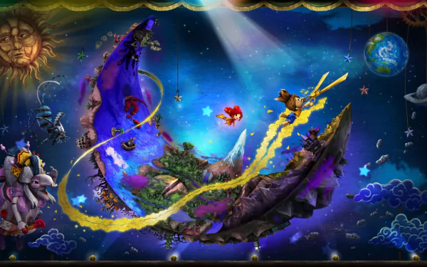 HD PC desktop wallpaper featuring a vibrant, fantastical scene from the video game Puppeteer, with whimsical characters and dynamic, colorful elements under a starry sky.