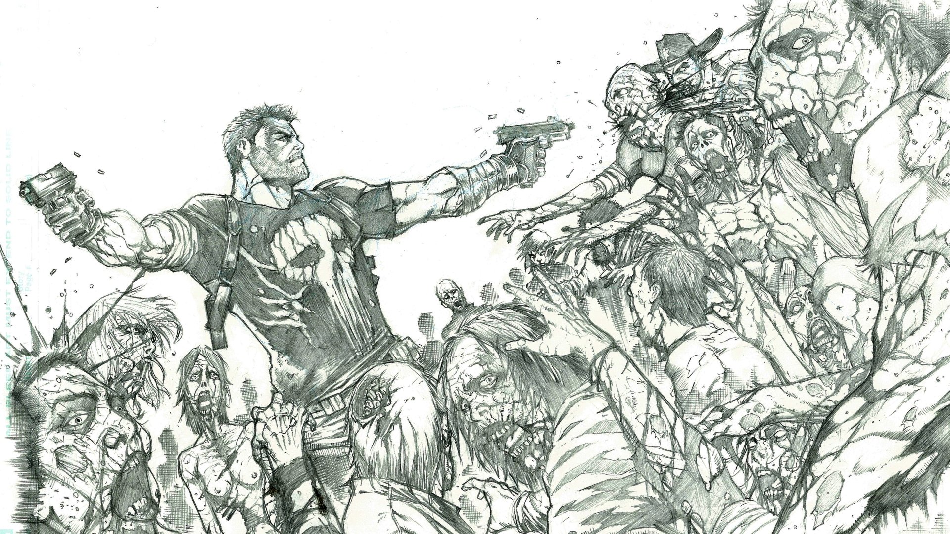 A dynamic comic-style illustration featuring the Punisher confronting a horde of zombies, designed as a 4K Ultra HD PC desktop wallpaper and background.
