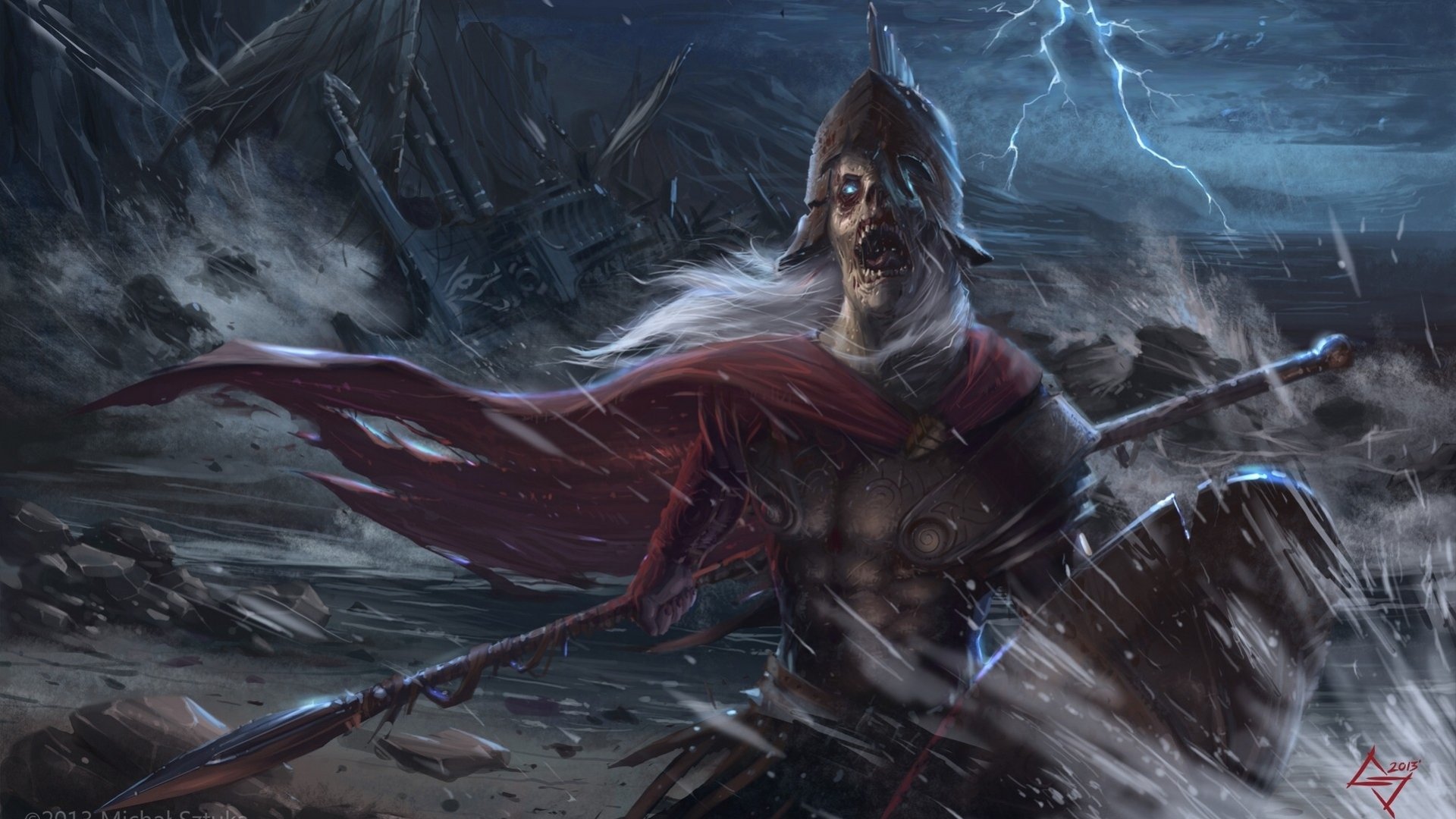 Dark warrior in storm—armored, tattered red cloak, spear and shield amid lightning and sleet; dramatic HD PC desktop wallpaper/background.