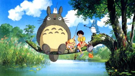 A vibrant HD wallpaper featuring Mini Totoro and Totoro alongside Satsuki and Mei Kusakabe from *My Neighbor Totoro*, set against a serene pond and lush greenery.