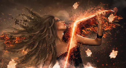 HD desktop wallpaper featuring a digital manipulation of a woman with flowing hair, releasing a fiery, sparkling arch into a dynamic, explosive backdrop.