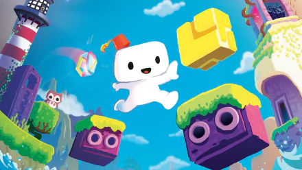 HD PC desktop wallpaper featuring colorful floating platforms and the blocky character from the video game Fez set against a bright blue sky with clouds.