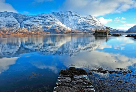 HD desktop wallpaper featuring a serene lake with crystal-clear reflections of snow-capped mountains under a partly cloudy sky in a pristine natural setting.