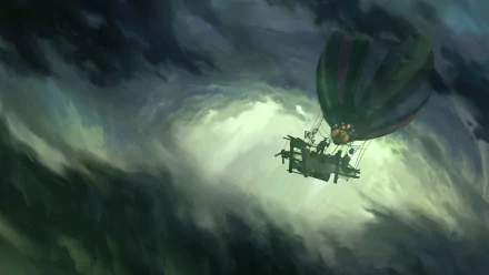 Comic, Romantically Apocalyptic HD PC desktop wallpaper/background: a ramshackle hot-air balloon with lantern-lit platform drifting into a swirling storm vortex.