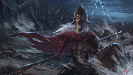Dark warrior in storm—armored, tattered red cloak, spear and shield amid lightning and sleet; dramatic HD PC desktop wallpaper/background.