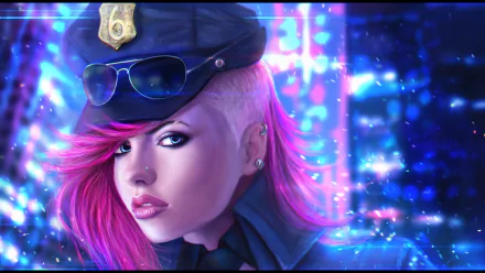 A vibrant HD wallpaper featuring VI from League of Legends, showcasing her striking pink hairstyle and police uniform against a dynamic, colorful background.