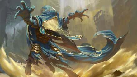 A fantasy-themed wizard in a flowing blue robe commands magical energy, surrounded by an ethereal landscape, making it an exciting HD desktop wallpaper and background.