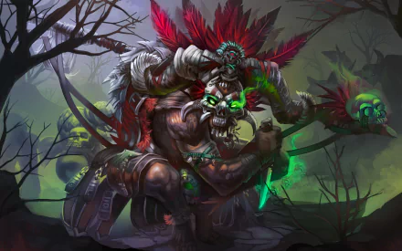 HD PC desktop wallpaper featuring the Witch Doctor character from the video game Diablo III, set in a dark, eerie forest with glowing green skulls and tribal elements.