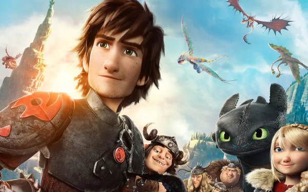 A vibrant desktop wallpaper featuring characters from *How to Train Your Dragon 2* including Hiccup, Toothless, Astrid, Ruffnut, Snotlout, and Fishlegs against a scenic background.
