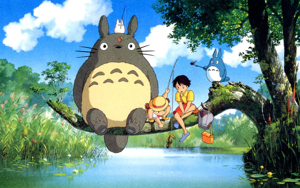 A vibrant HD wallpaper featuring Mini Totoro and Totoro alongside Satsuki and Mei Kusakabe from *My Neighbor Totoro*, set against a serene pond and lush greenery.