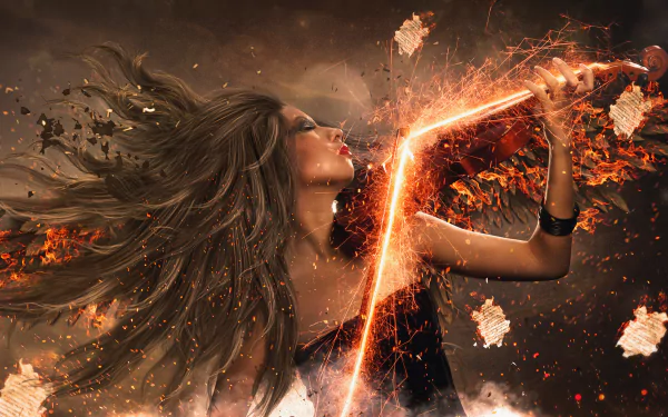 HD desktop wallpaper featuring a digital manipulation of a woman with flowing hair, releasing a fiery, sparkling arch into a dynamic, explosive backdrop.