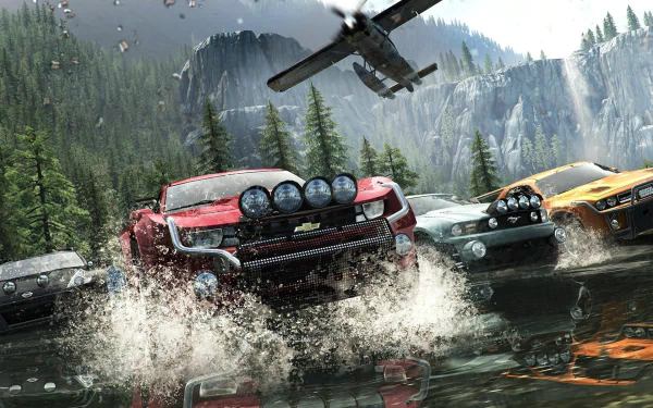 A dynamic scene from the video game The Crew, featuring off-road cars splashing through water with a plane flying overhead, set against a backdrop of lush mountains.