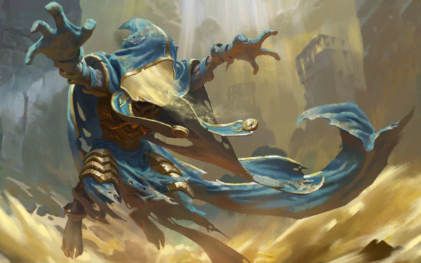 A fantasy-themed wizard in a flowing blue robe commands magical energy, surrounded by an ethereal landscape, making it an exciting HD desktop wallpaper and background.