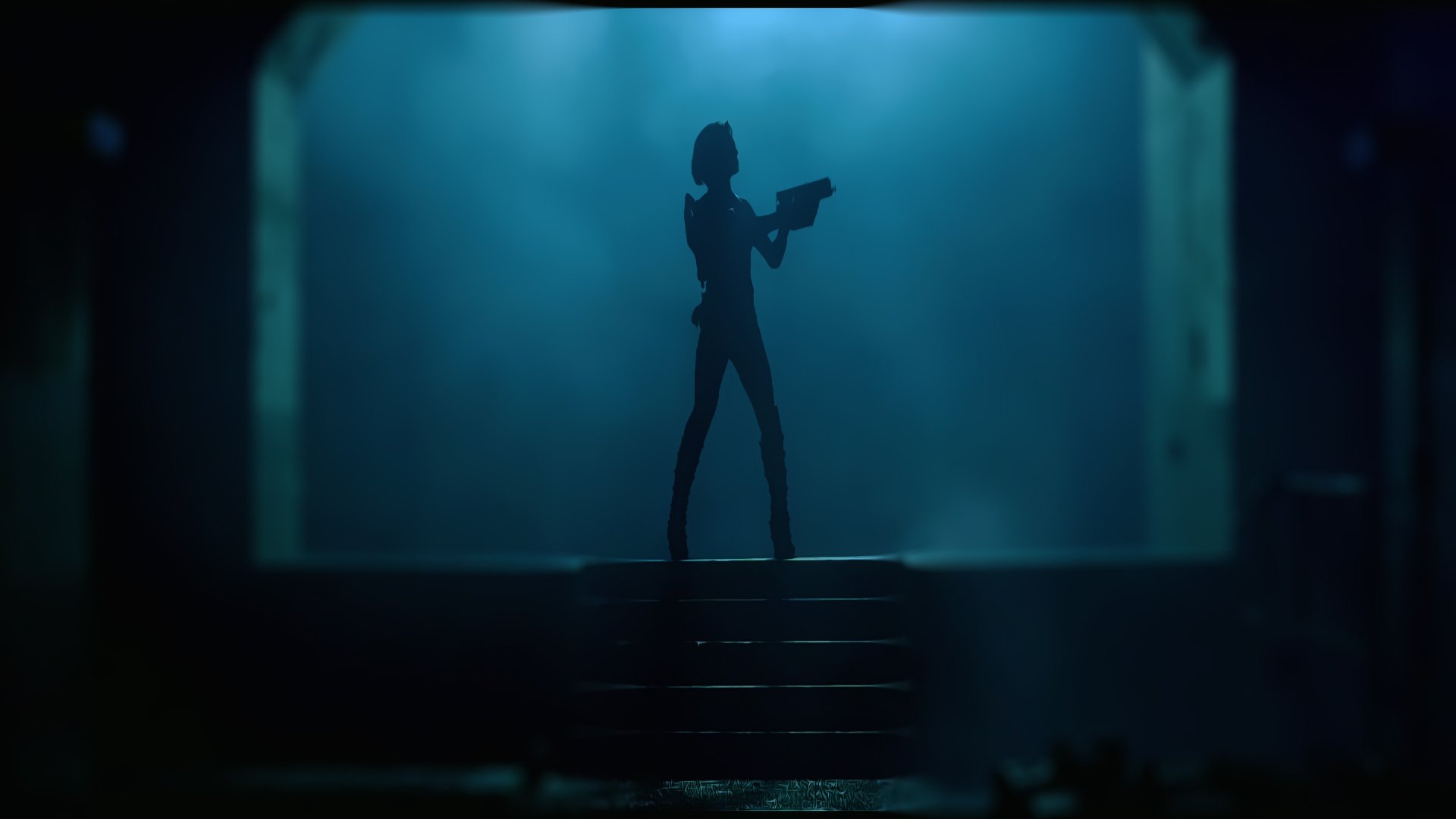 HD PC desktop wallpaper showcasing a silhouette of a character from the movie Resident Evil: Retribution holding a gun in a dark, atmospheric setting.