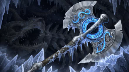 A detailed fantasy scene featuring a majestic dragon in the background, with an intricate, icy double-headed axe prominently displayed in the foreground. 4K Ultra HD imagery enhances the visual impact.