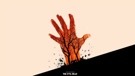 HD PC desktop wallpaper featuring a stylized blood-red hand with tree branches from the horror movie The Evil Dead (1981).
