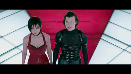 Two strong female characters from *Resident Evil: Retribution* stand confidently in a striking, geometric backdrop, showcasing their determination in this HD desktop wallpaper.