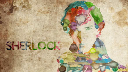 Colorful watercolor illustration of Sherlock Holmes with the title SHERLOCK, inspired by the TV series, set against a textured background, serving as a striking HD desktop wallpaper.