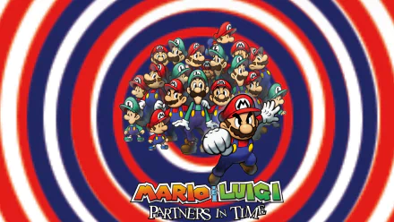 HD PC desktop wallpaper/background from the video game Mario & Luigi: Partners in Time, showing multiple Marios and Luigis bursting from concentric red, white and blue rings.