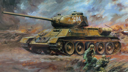 8K Ultra HD wallpaper featuring a detailed military scene with a T-34 tank advancing across a battlefield under a dramatic sky.