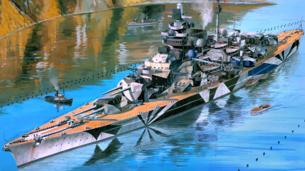 8K Ultra HD image of the German battleship Tirpitz with detailed camouflage, sailing calmly in reflective waters as small boats surround it.