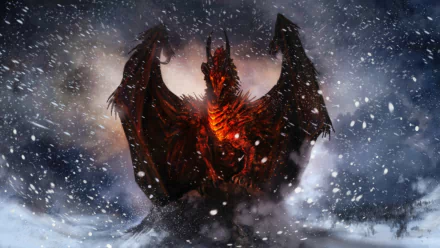 HD fantasy desktop wallpaper featuring a fiery dragon emerging through a snowstorm, wings spread wide against a dark, dramatic sky.