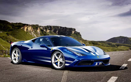 Blue Ferrari sports car parked on a road with rugged cliffs and green hills under a dramatic sky — HD PC desktop wallpaper/background.